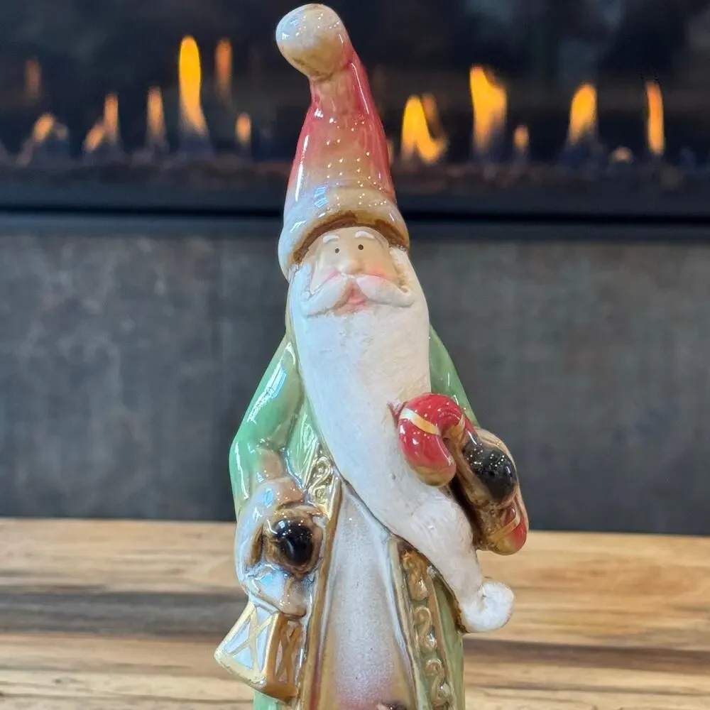 Old World Style Glazed Ceramic Santa Claus Figurine Cardinal Bird Green Robe 8